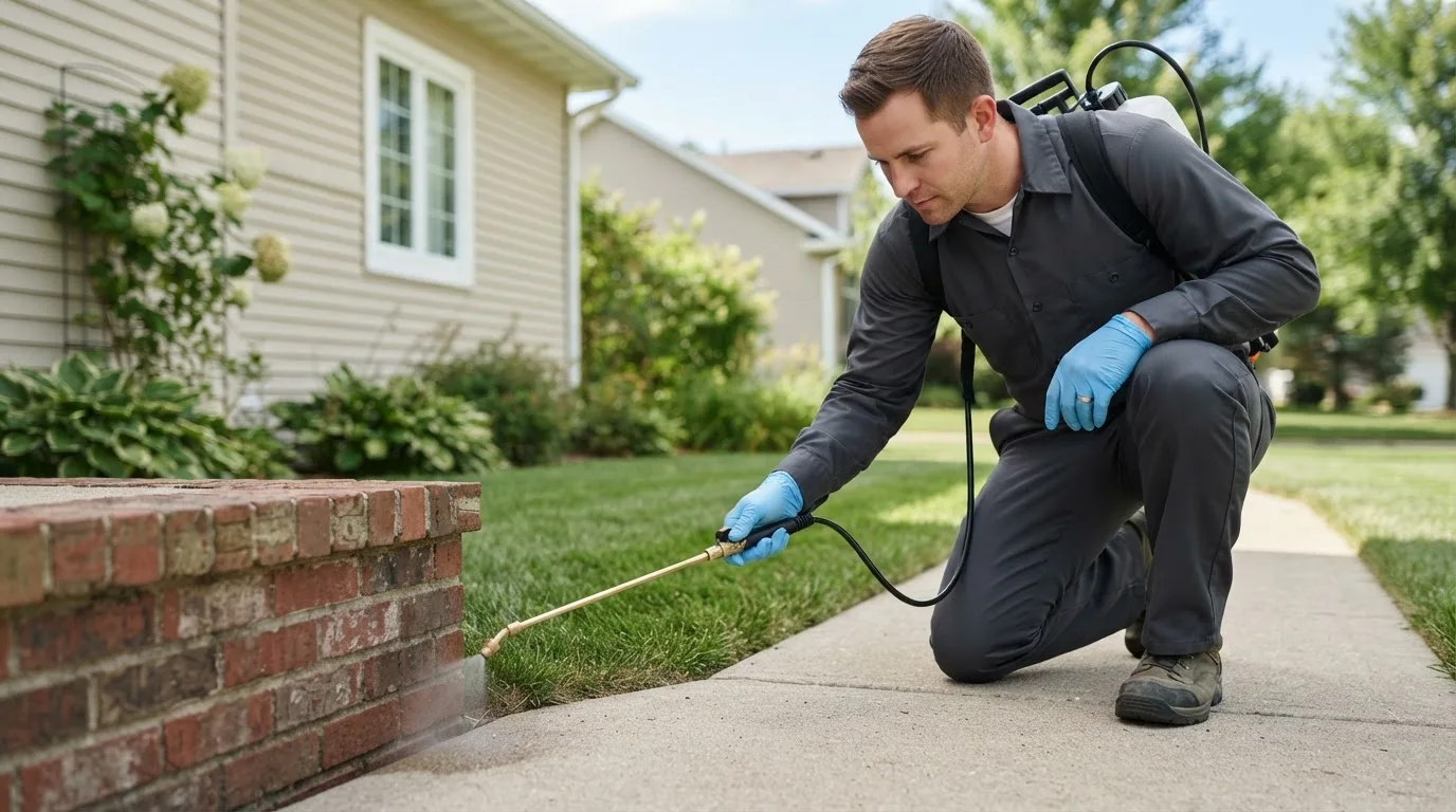 Pest control technician treating a home near Lancaster, PA